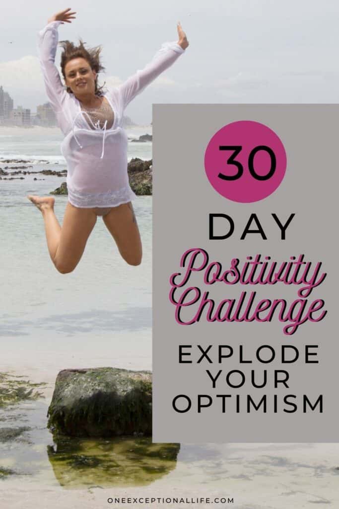 excited woman jumping in water, 30 day positivity challenge