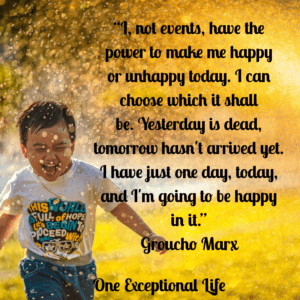 cute laughing boy running in sprinkler in sun, groucho marz quote