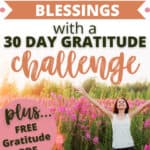 happy woman in flower field, arms up, gratitude challenge