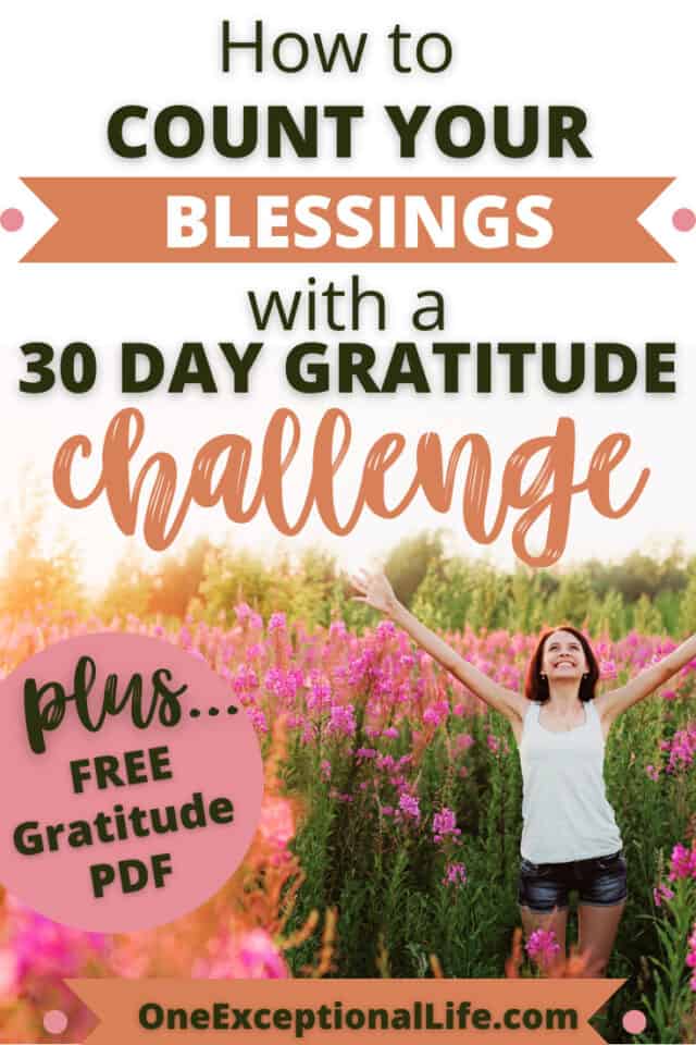 happy woman in flower field, arms up, gratitude challenge