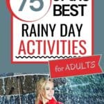 happy smiling lady in rain, umbrella, red raincoat, best rainy day activities