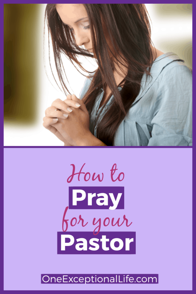 purple background, woman with head bowed in prayer, pray for your pastor