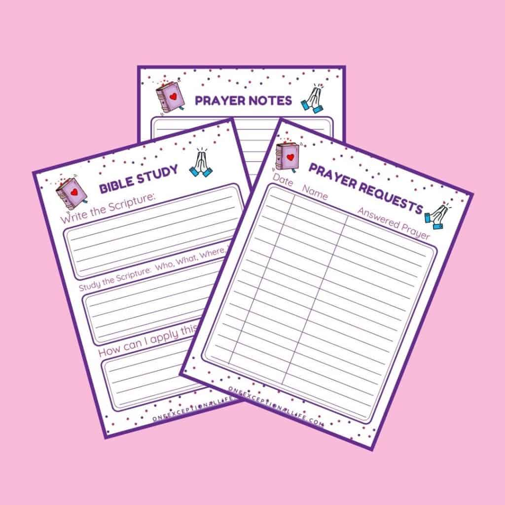 prayer request, bible notes and bible study sheets, pink background