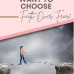 woman walking across papers, pink background, want to choose faith over fear?