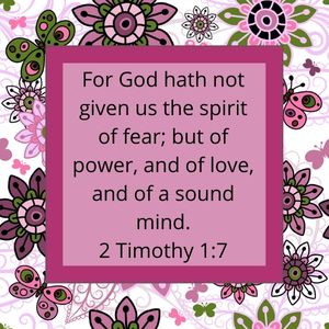 pink, purple, green flower, butterfly  paisley background, 2 Timothy 1:7 Bible verse