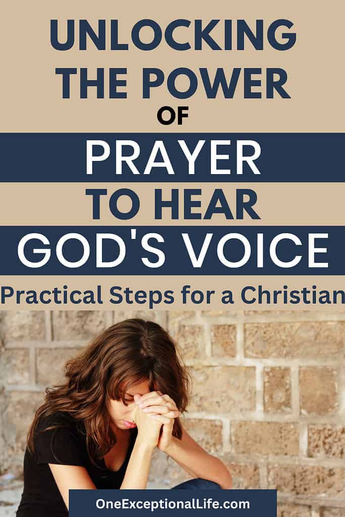 Dark-haired woman bowed in prayer with hands clasped. Unlocking the power of prayer to hear God's voice 
